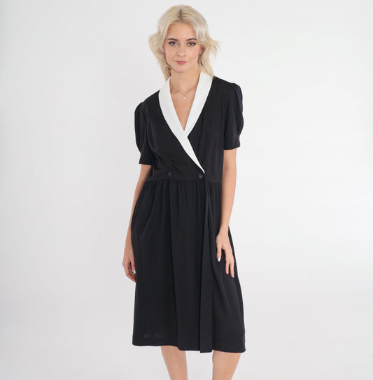 80s Black and White Collared Midi Wrap Dress Puff Sleeve High Waist Medium