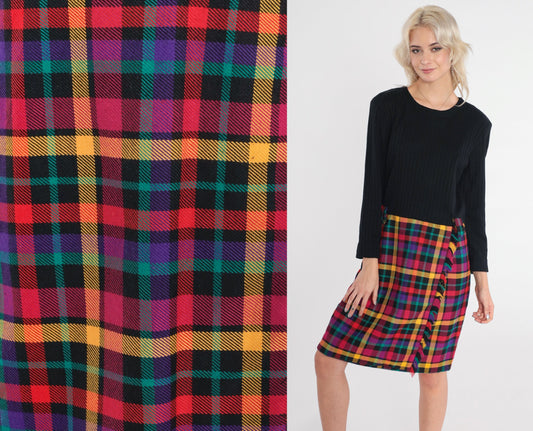 70s Black Plaid Wool Blend Midi Dress Long Sleeve High Waist Medium