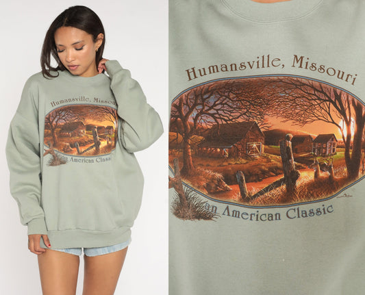 90s Humansville Missouri Farm Graphic Sweatshirt Moss Green Crewneck Extra Large XXL