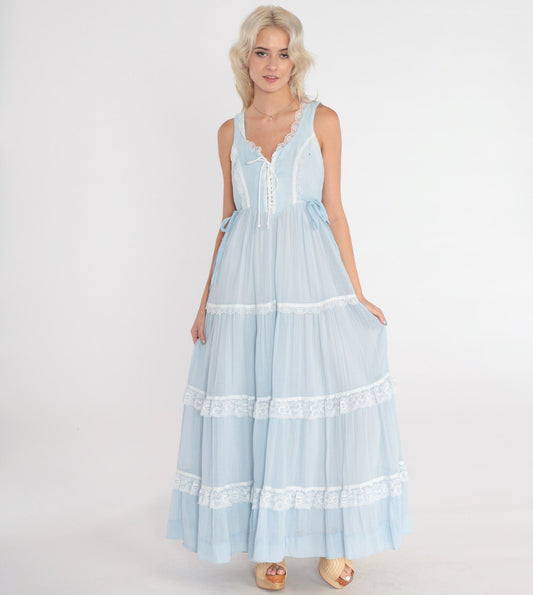 70s Gunne Sax Baby Blue Maxi Dress Lace-Up Bodice Tiered Small