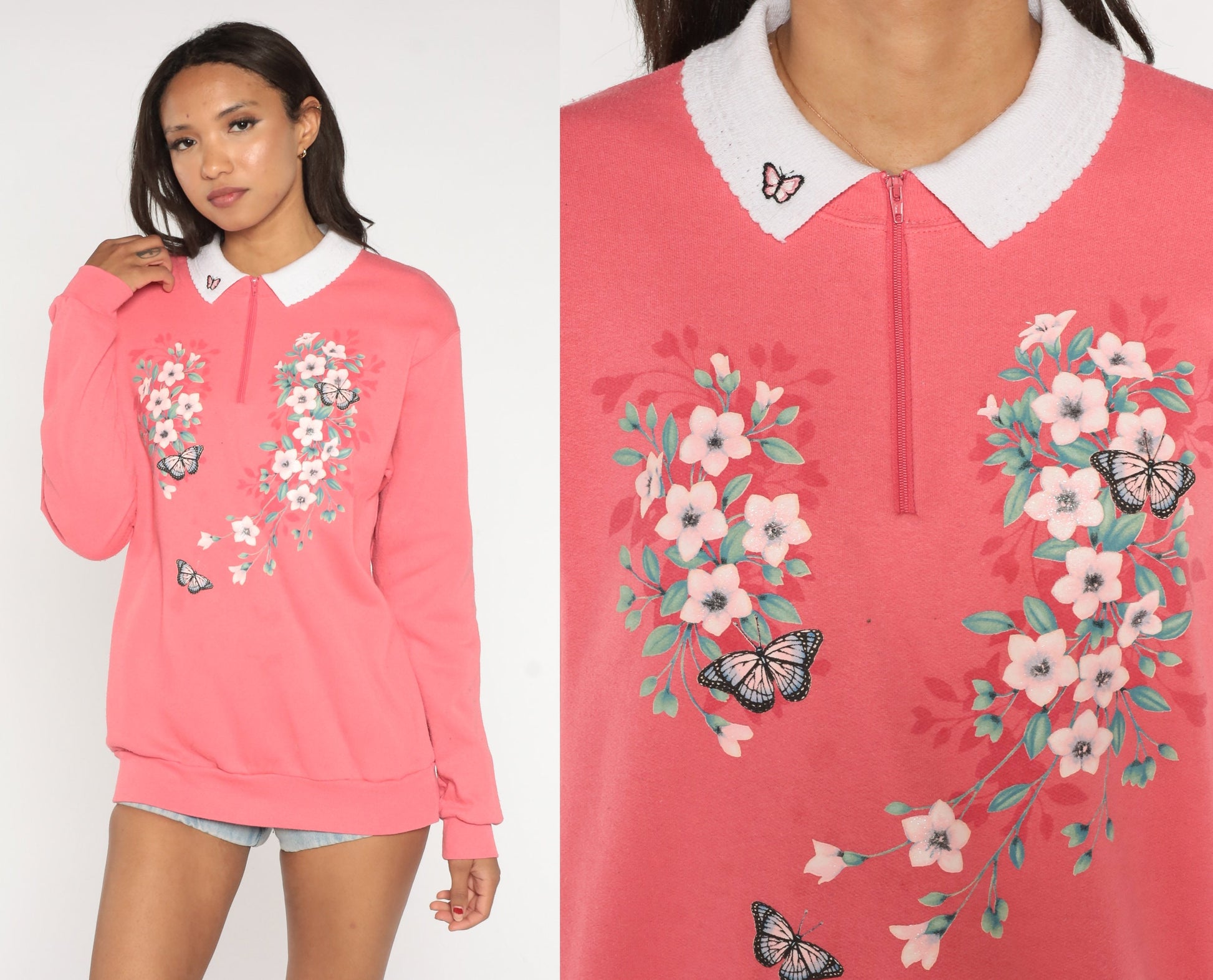 90s Floral Butterfly Quarter Zip Sweatshirt Pink Morning Sun Graphic Medium
