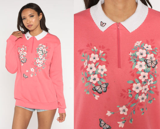 90s Floral Butterfly Quarter Zip Sweatshirt Pink Morning Sun Graphic Medium