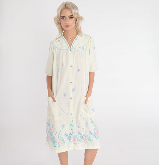 80s Pale Yellow Floral Nightgown Midi Snap-Front Pajama Dress Pockets Large L