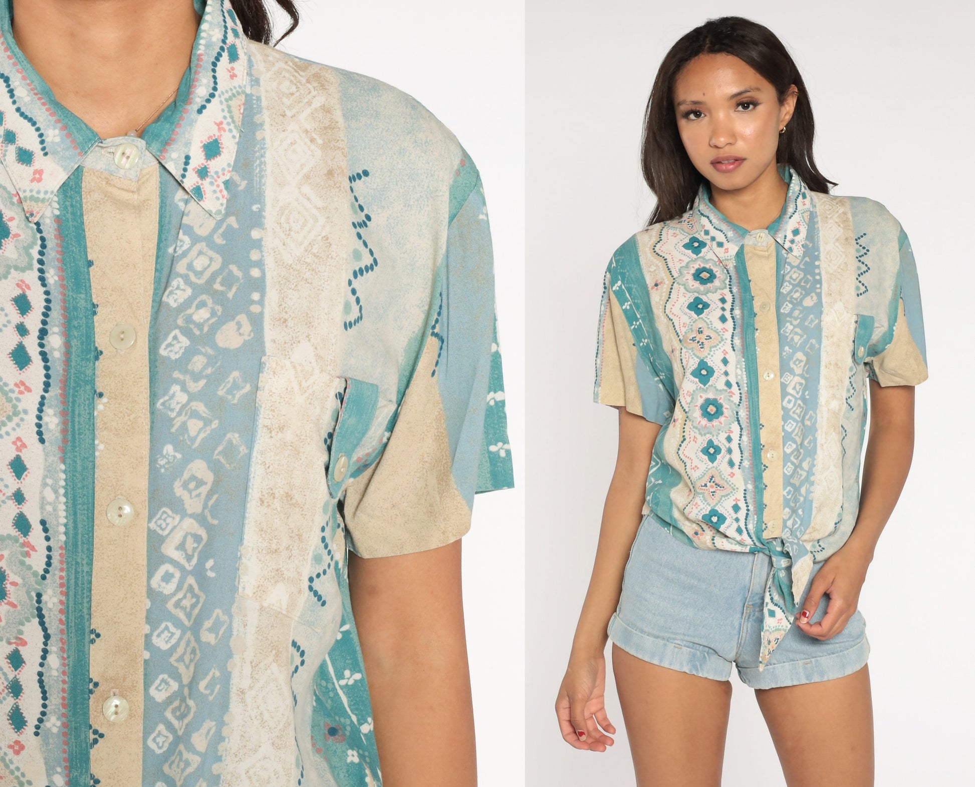80s Geometric Striped Rayon Blouse Tie Waist Button Up Blue Green Medium