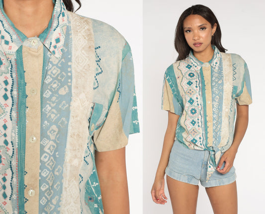 80s Geometric Striped Rayon Blouse Tie Waist Button Up Blue Green Medium