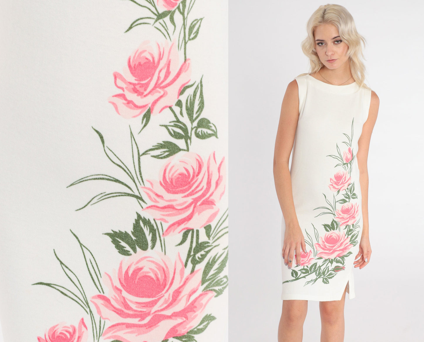 80s Rose Print White Mini Dress Sleeveless Shift Pink Floral Side Slit Extra Small