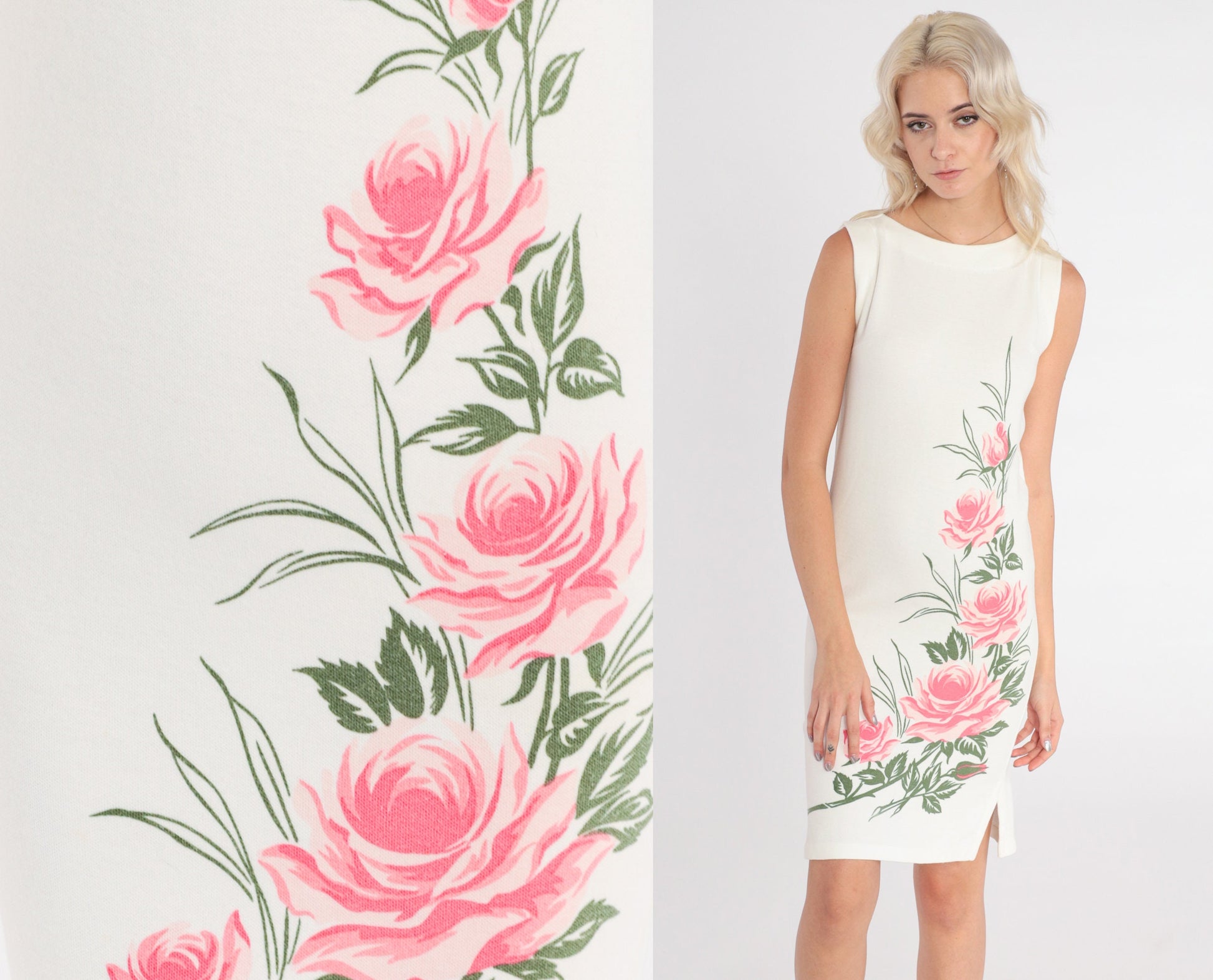 80s Rose Print White Mini Dress Sleeveless Shift Pink Floral Side Slit Extra Small