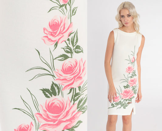 80s Rose Print White Mini Dress Sleeveless Shift Pink Floral Side Slit Extra Small