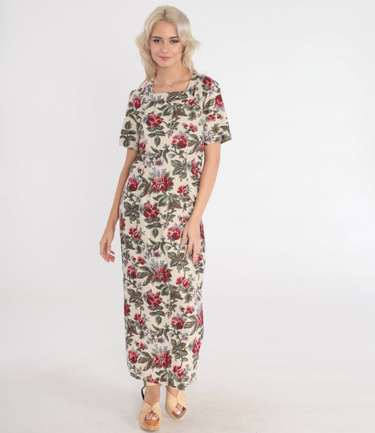 90s Cream Floral Maxi Dress Short Sleeve Ankle Length Small S