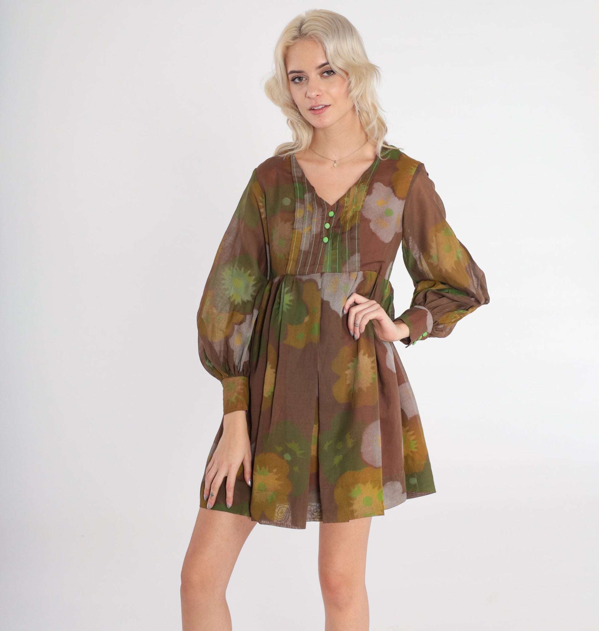 60s Brown Floral Babydoll Dress Mini Empire Waist Balloon Sleeve Extra Small