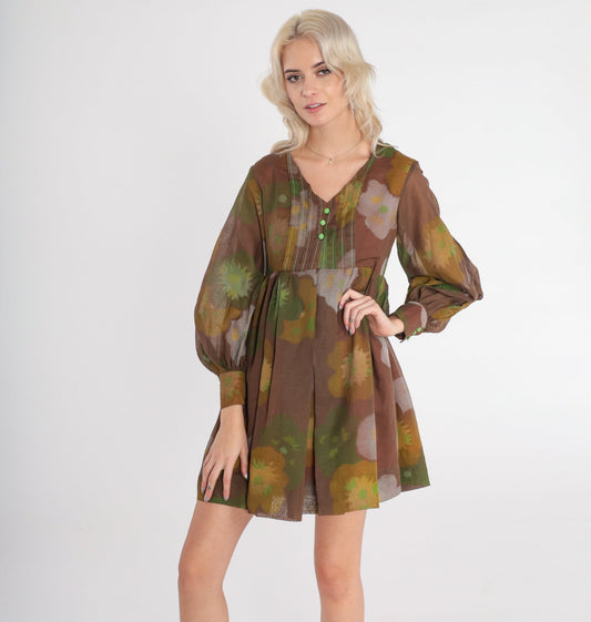60s Brown Floral Babydoll Dress Mini Empire Waist Balloon Sleeve Extra Small