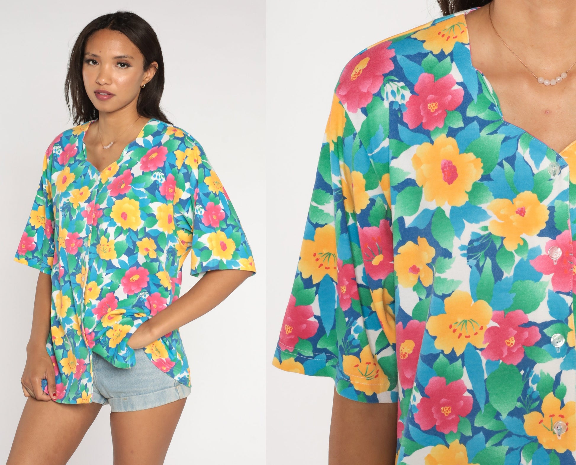 90s Floral Button Up Blouse Scalloped Neckline Short Sleeve Pink Yellow Blue Large L