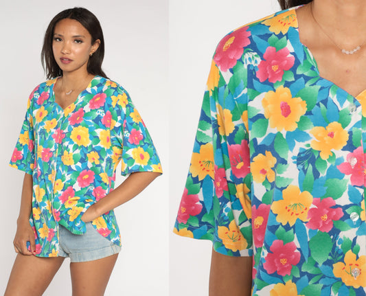 90s Floral Button Up Blouse Scalloped Neckline Short Sleeve Pink Yellow Blue Large L