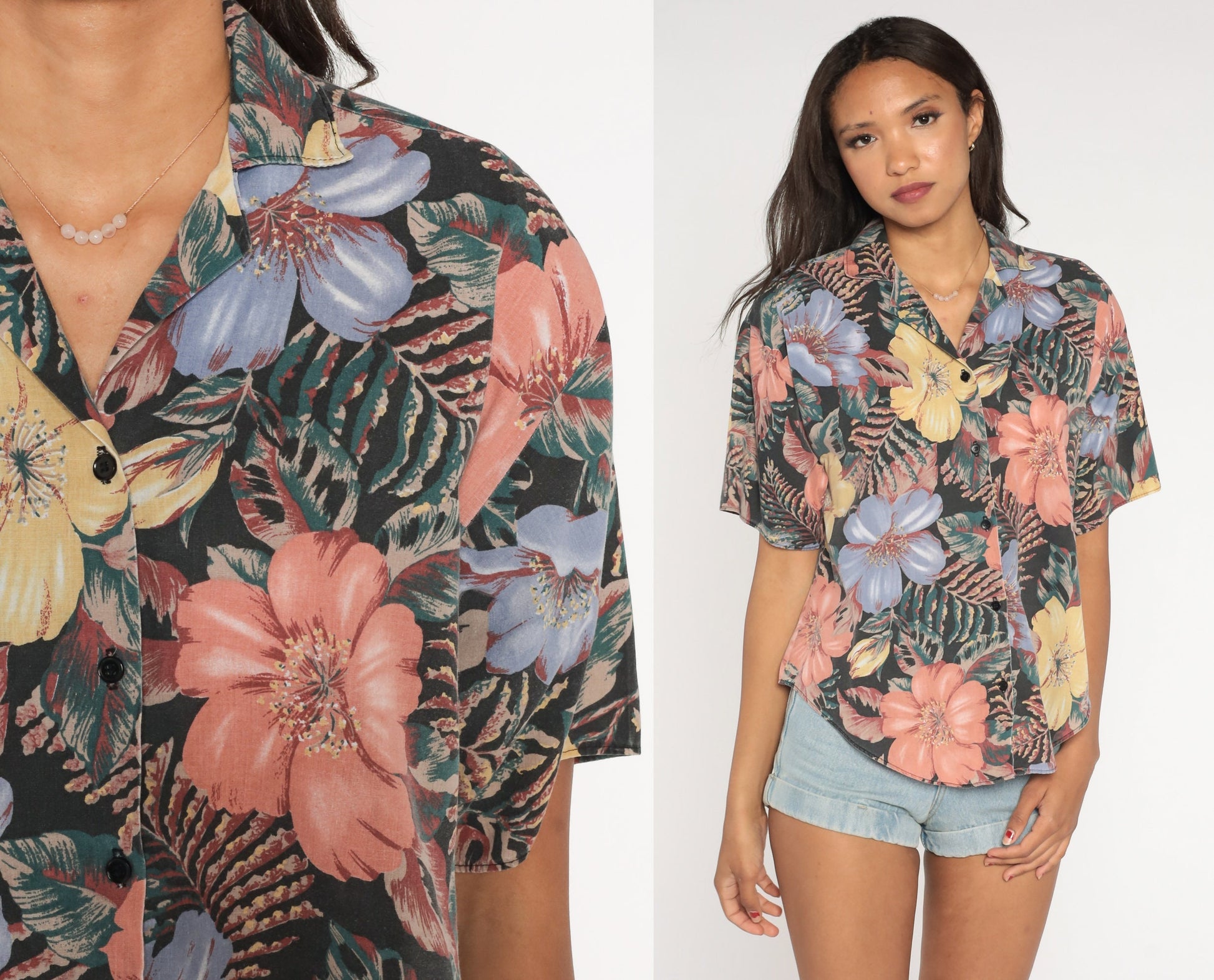 90s Tropical Floral Button-Up Blouse Short Sleeve Purple Yellow Orange Green Medium Large