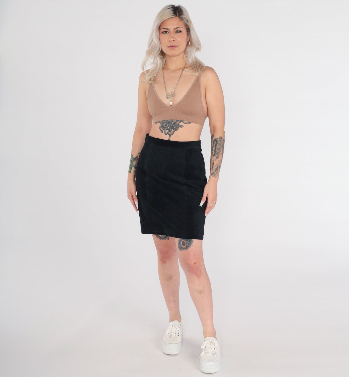 90s Black Suede Pencil Skirt Midi High Waist Rear Zip Medium