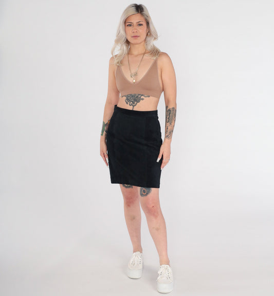90s Black Suede Pencil Skirt Midi High Waist Rear Zip Medium