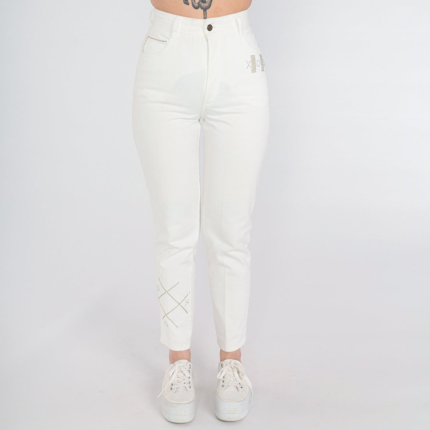00s White Skinny Jeans XO Studded Rhinestone High Rise Cotton Small