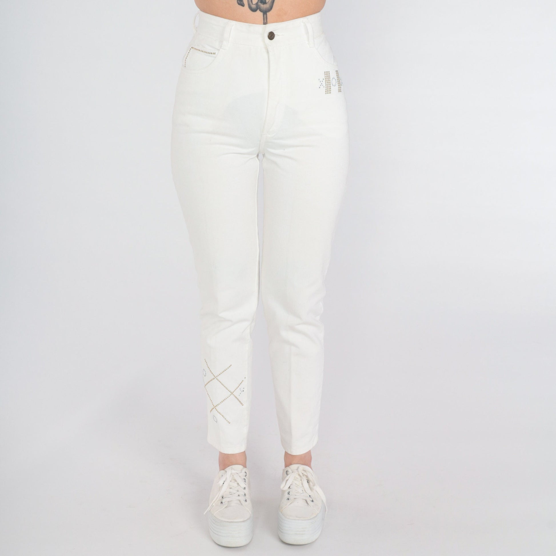 00s White Skinny Jeans XO Studded Rhinestone High Rise Cotton Small