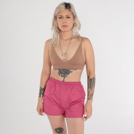 80s Pink Swim Trunks White Piping Elastic Waist Shorts Medium