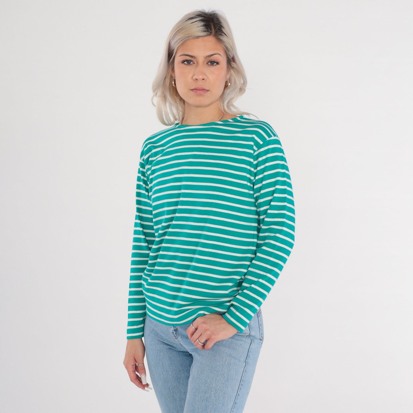 90s Green & White Striped Long Sleeve T-Shirt Cotton Tee Medium