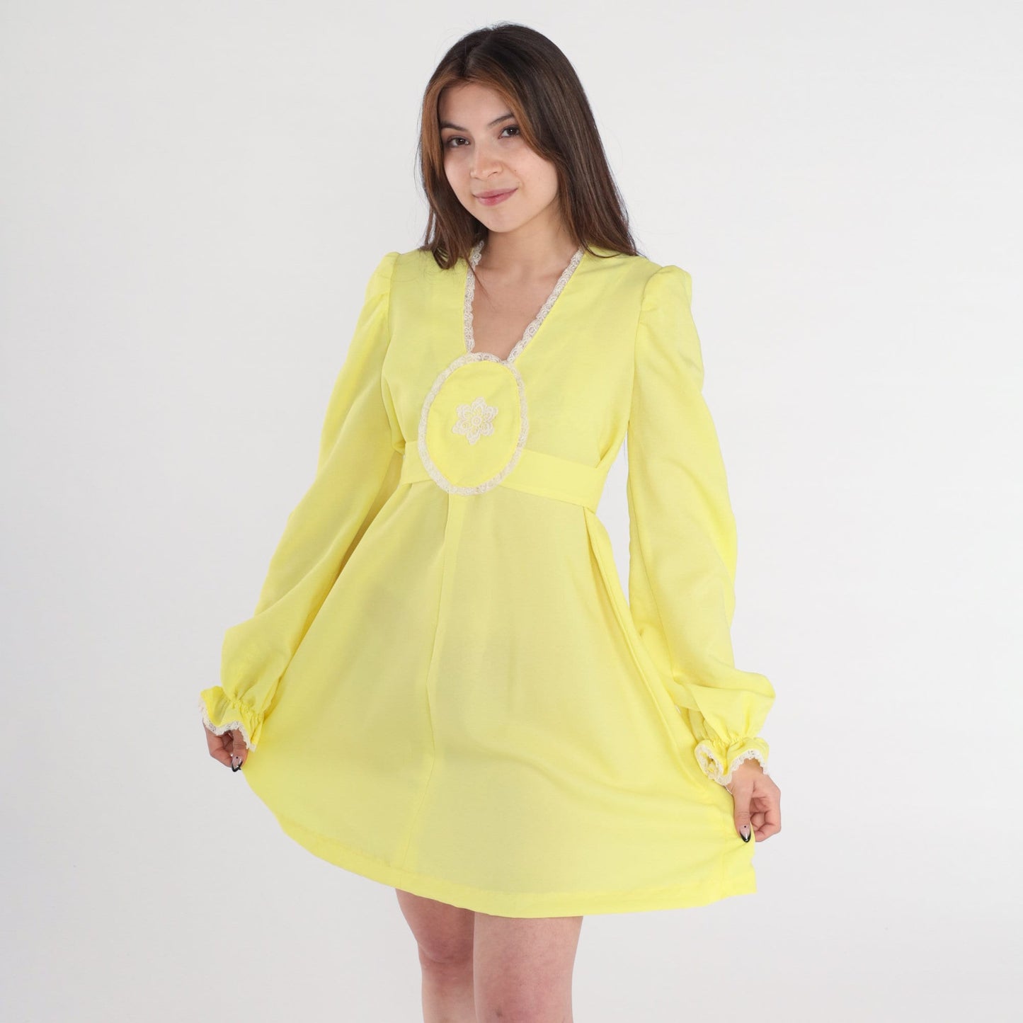 70s Yellow Babydoll Mini Dress Empire Waist Puff Sleeve Floral Small