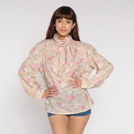 70s Floral Ascot Blouse Beige Neck Tie Long Sleeve Shirt Extra Large XXL