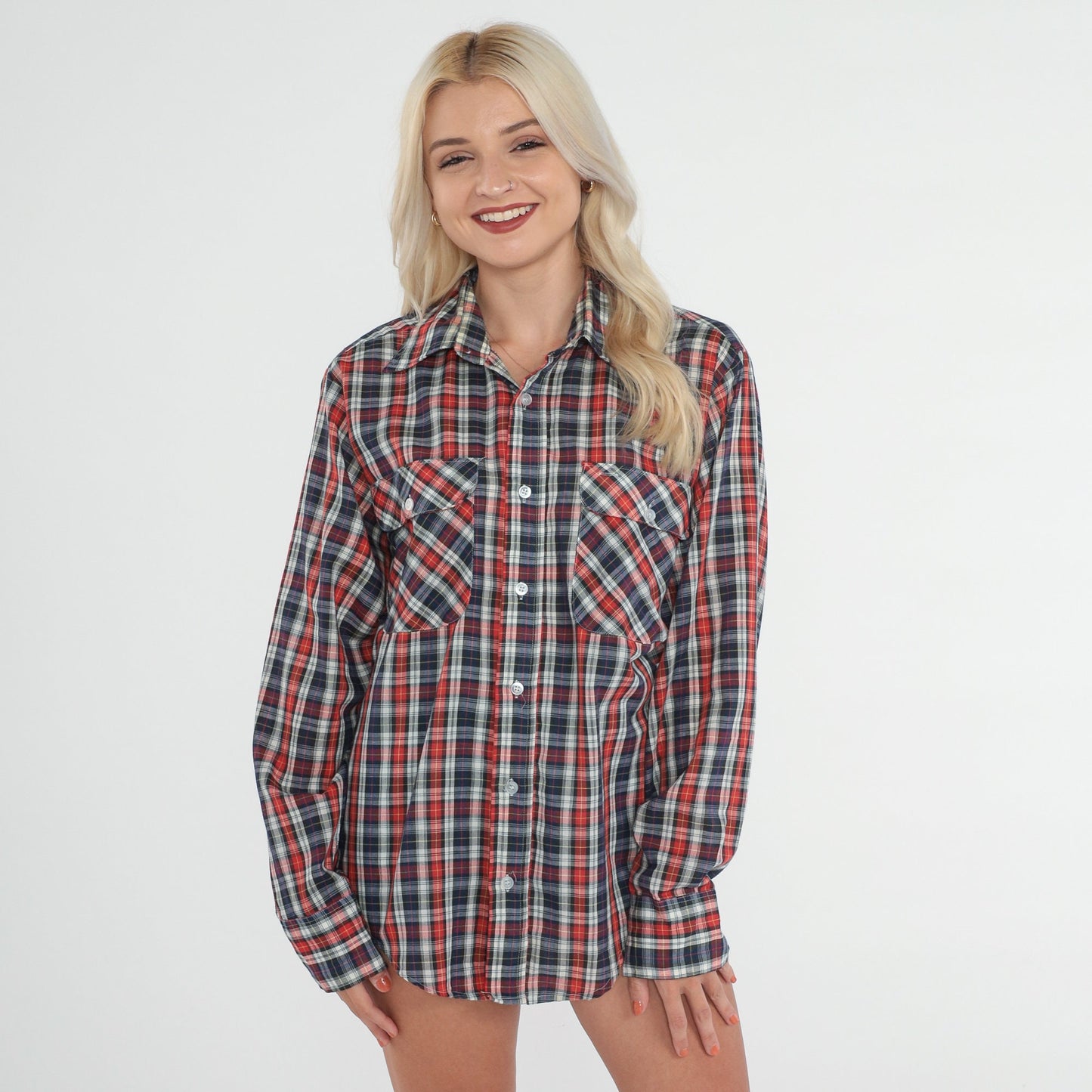 80s Montgomery Ward Plaid Button Up Shirt Red White Blue Checkered Medium