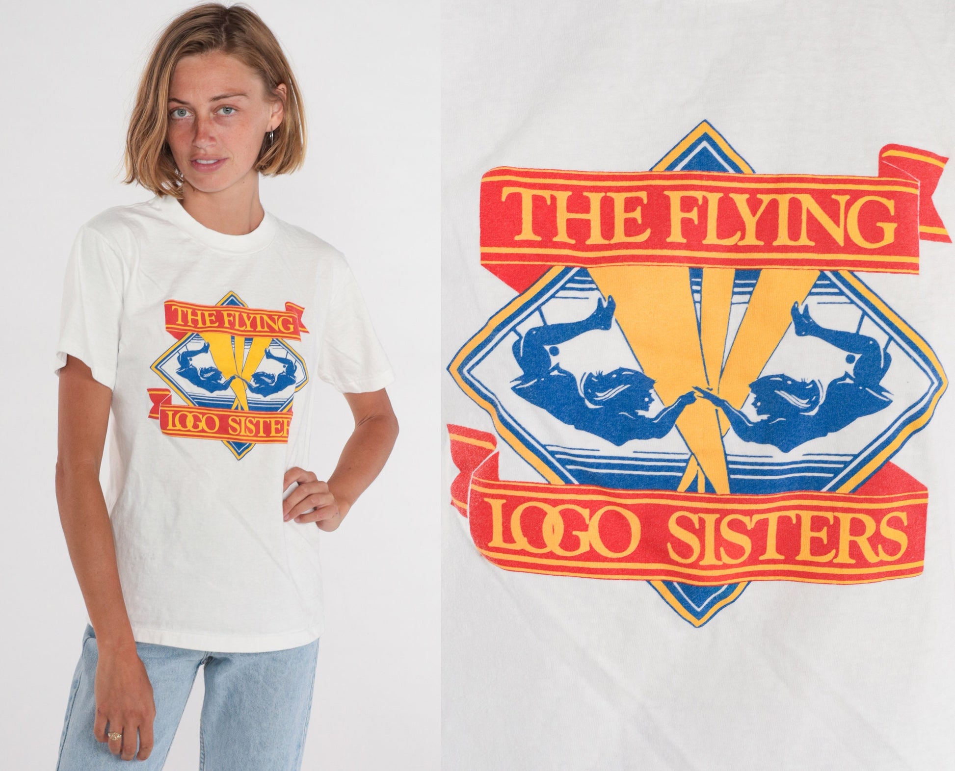 90s The Flying Logo Sisters Circus Graphic T-Shirt White Single Stitch Small