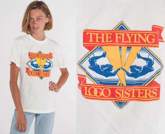 90s The Flying Logo Sisters Circus Graphic T-Shirt White Single Stitch Small