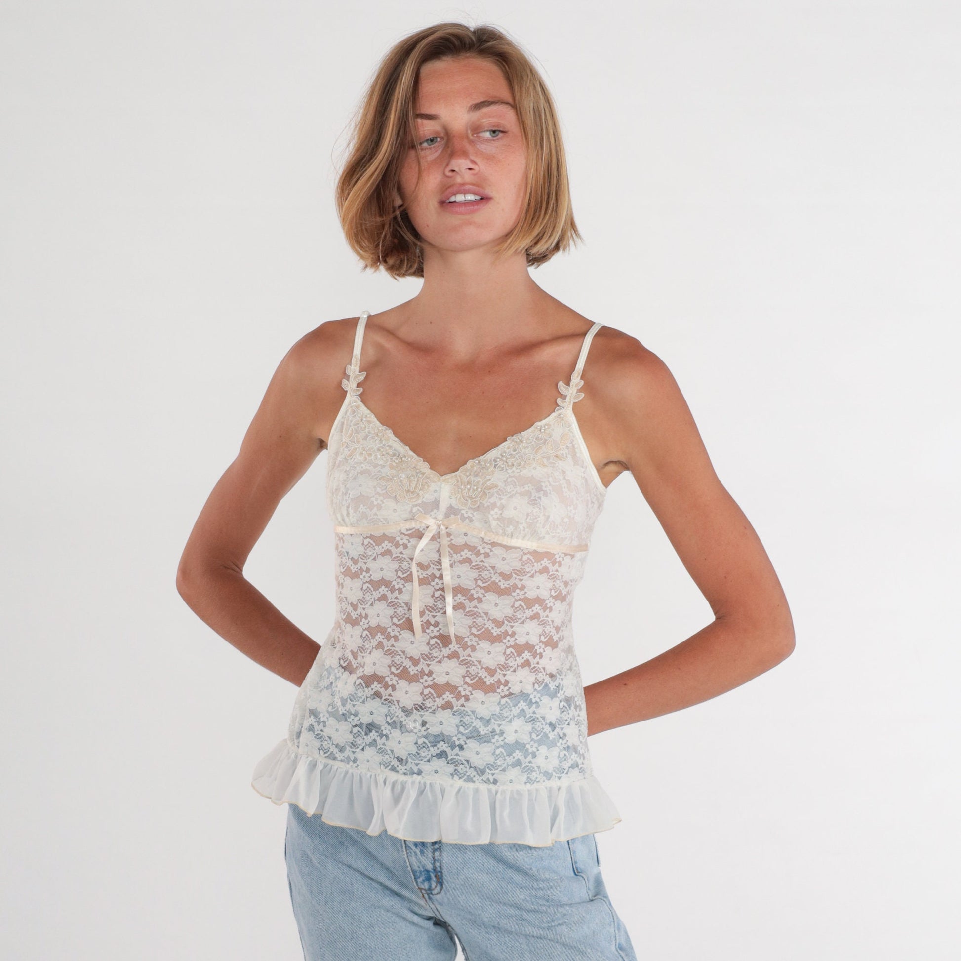 Y2K White Lace Camisole Sheer Floral Beaded Empire Waist Ruffled Small
