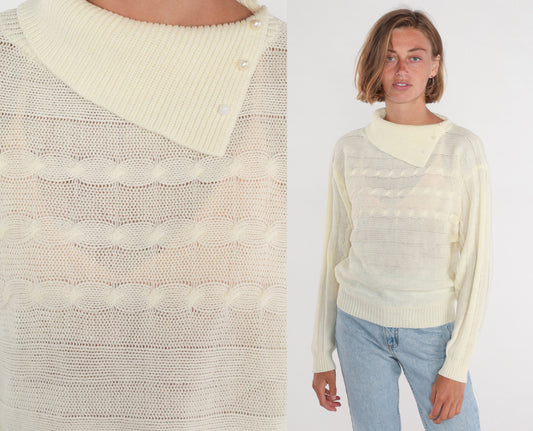 80s Cream Cable Knit Sweater Convertible Collar Pullover Medium M