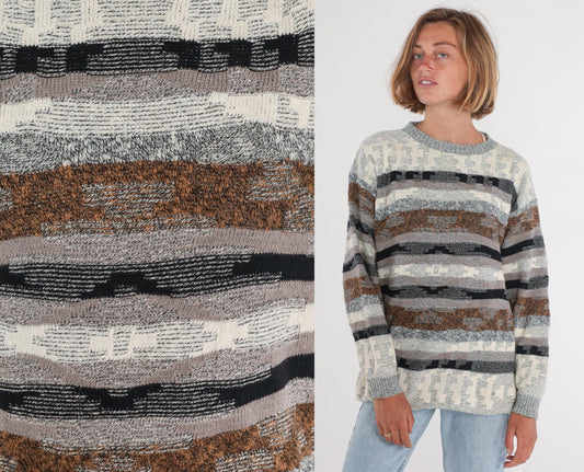 80s Geometric Striped Knit Sweater Grey Brown Cream Black Crewneck Large