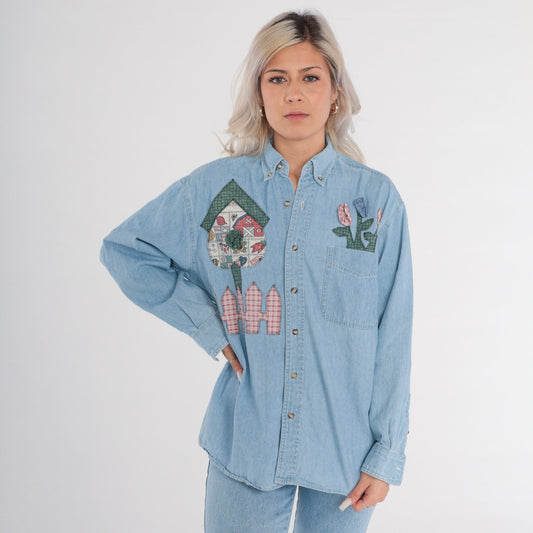 90s Blue Denim Shirt Floral Farm Patches Button-Up Long Sleeve Medium