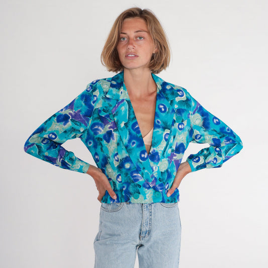 90s P.S Sport Abstract Blue Cropped Blazer Double Breasted Small