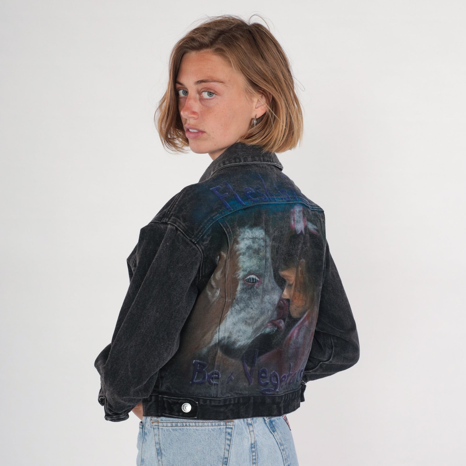 90s Guess Black Denim Jacket Cropped Airbrushed Vegetarian Print Medium