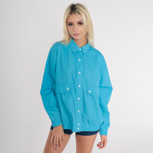 80s Koret Bright Blue Windbreaker Jacket Snap Front Medium M