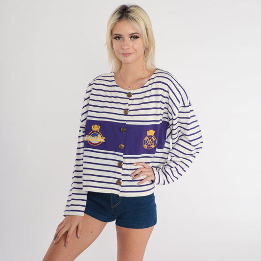 90s Royal Navy Striped Button-Up Shirt White Purple Compass Crest Medium