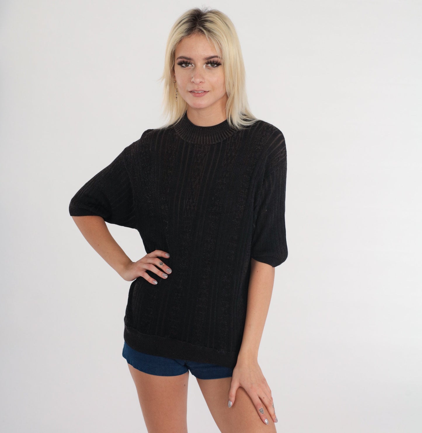 80s Black Cable Knit Short Sleeve Sweater Top Large L