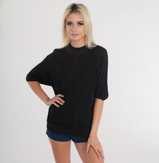 80s Black Cable Knit Short Sleeve Sweater Top Large L