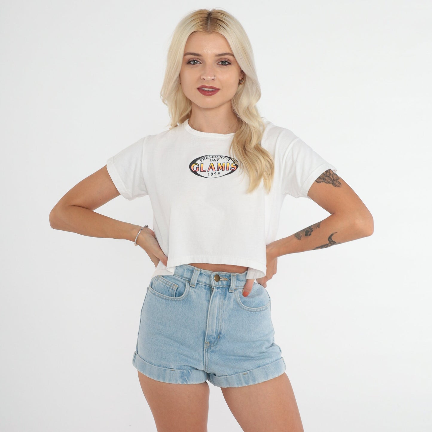 90s Glamis President's Day 1999 Crop Top White Graphic Tee Small S