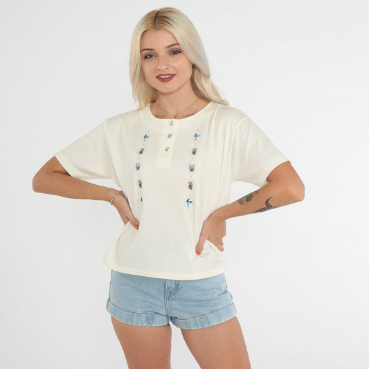 90s Floral Embroidered Henley Cream Snap-Up Tee Short Sleeve Medium M