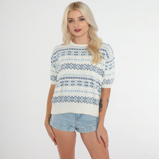 80s Gaeltarra Ireland Knit Top White Blue Striped Geometric Fair Isle Medium