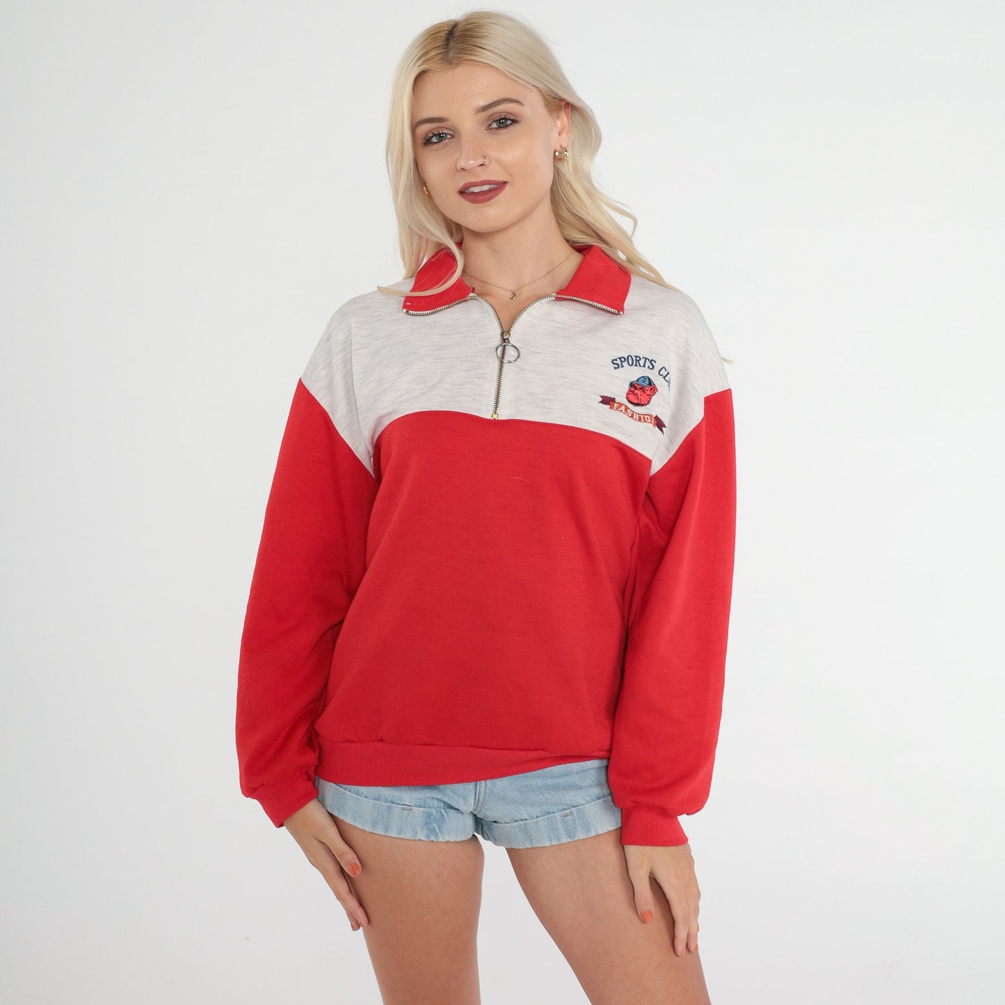 90s Bulldog Sports Club Quarter Zip Sweatshirt Red Grey Color Block Medium M