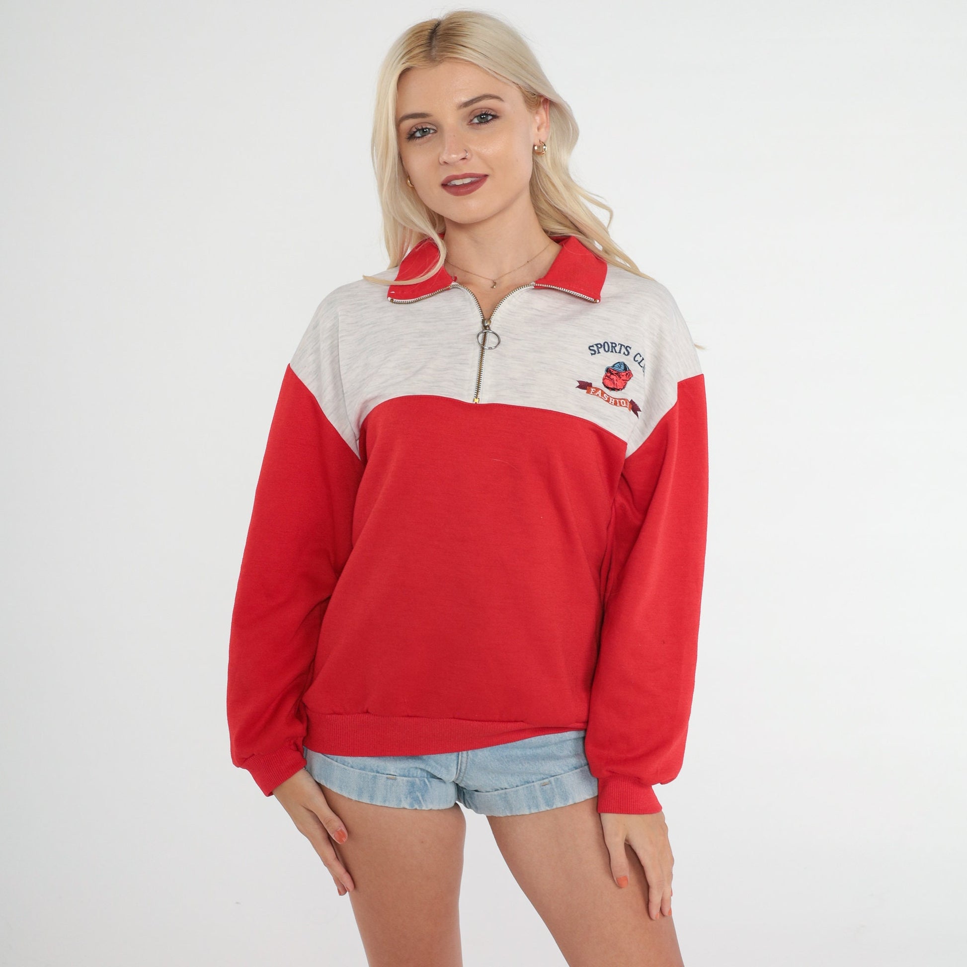 90s Bulldog Sports Club Quarter Zip Sweatshirt Red Grey Color Block Medium M