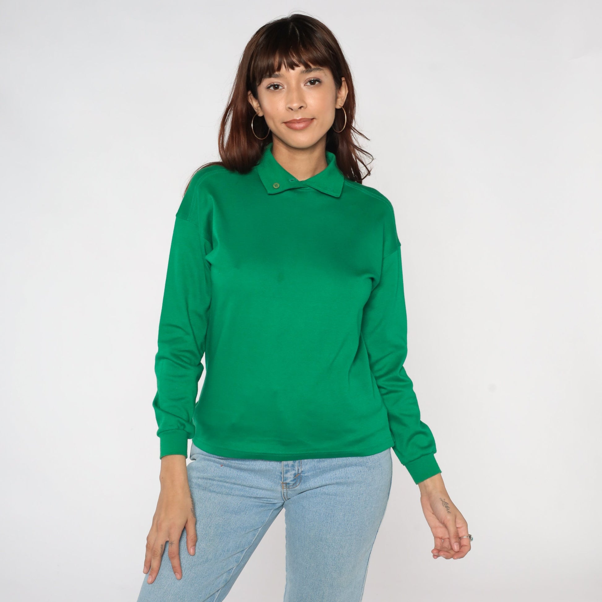 80s Benetton Green Polo Shirt Long Sleeve Cotton Collared Small