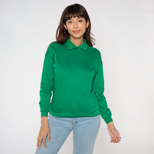 80s Benetton Green Polo Shirt Long Sleeve Cotton Collared Small