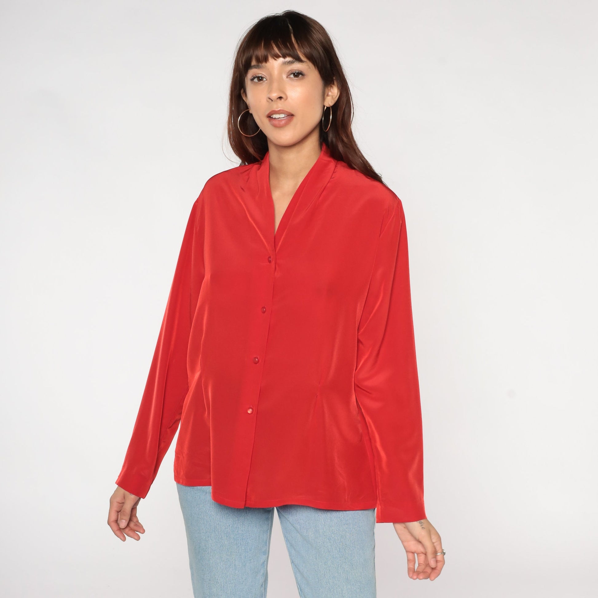 80s Pendleton Red Button-Up Blouse V-Neck Long Sleeve Medium M