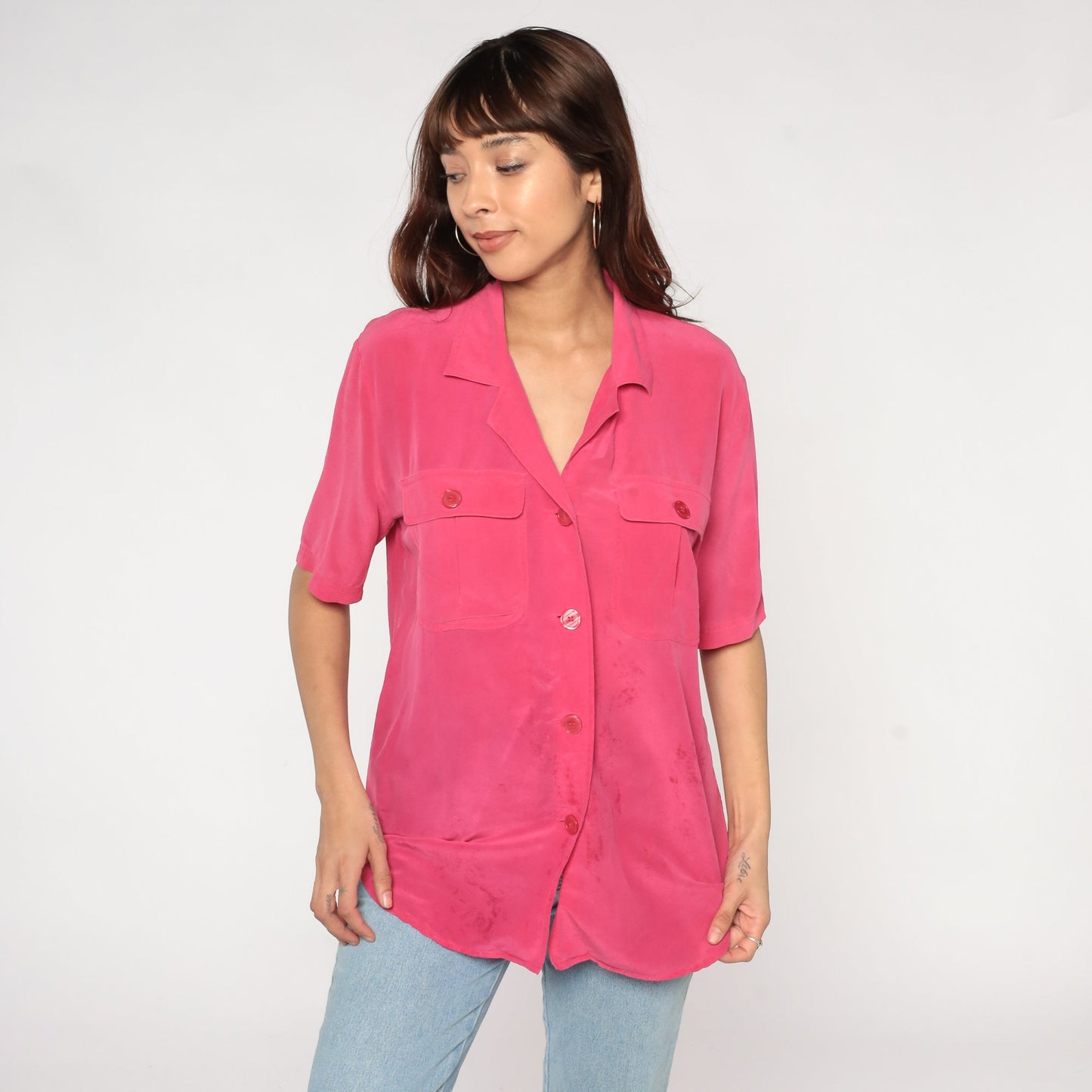 00s Pink Silk Button-Up Blouse Short Sleeve Chest Pocket Large