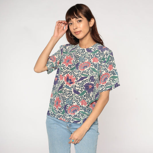 90s Silk Blouse White Indian Batik Floral Print Short Sleeve Medium M