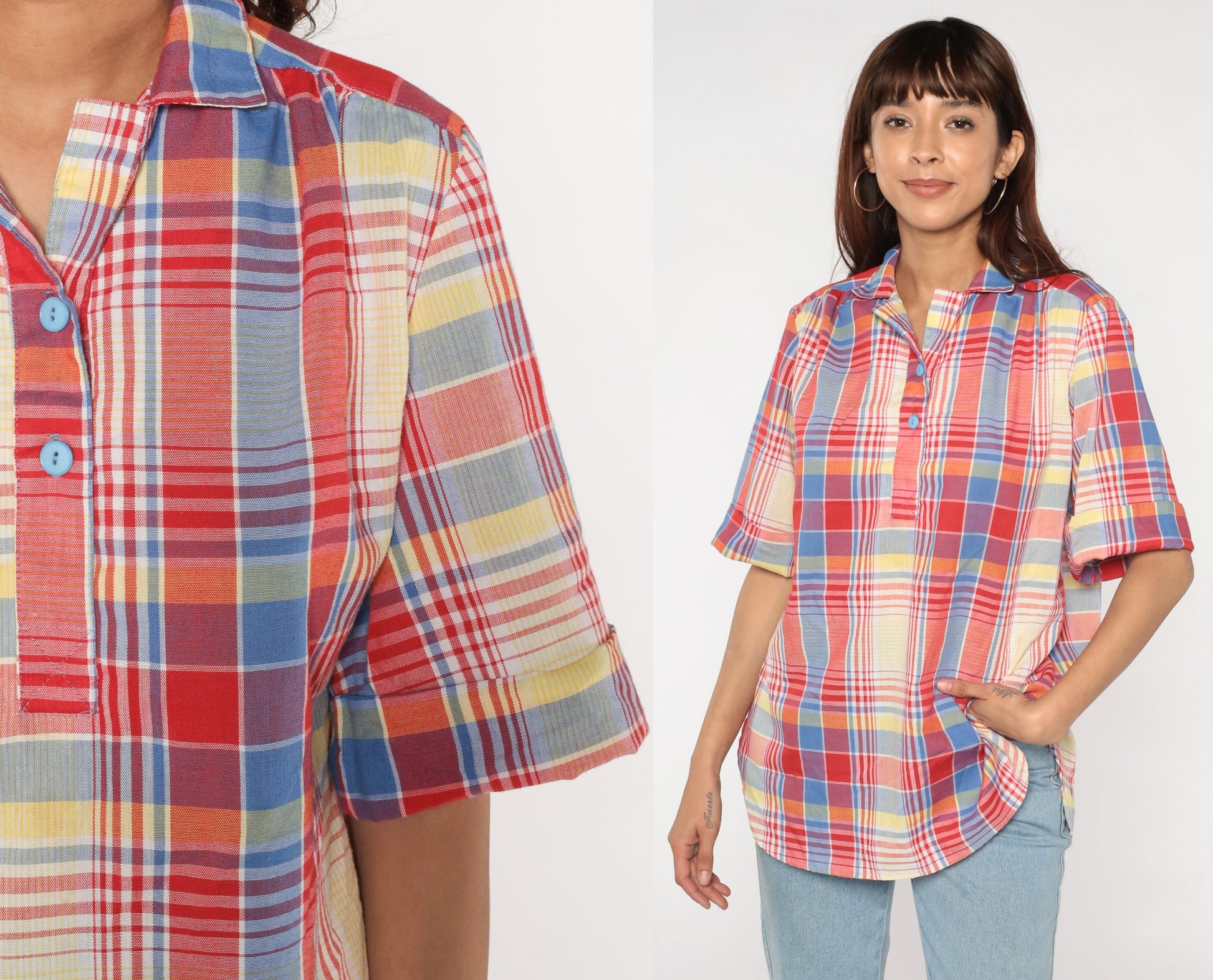 80s Plaid Cotton Blouse Short Sleeve Button-Up Shirt Red Blue Yellow Large L